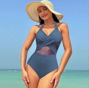 2024 Dames Nieuwe Europese En Amerikaanse Effen Kleur Eendelig Badpak Mesh Bikini Badpak Groothandel - Product Image 5