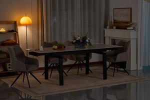Table à manger extensible de style moderne, carrée, très vendue, avec plateau en pierre frittée, pieds en métal, finition noire thermolaquée, meubles pour la maison - Product Image 2
