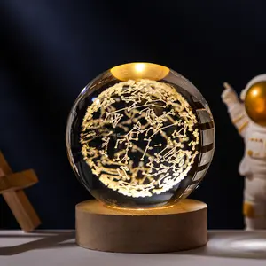 Hot Sale Wooden Bottom Galaxi Star Bedside Lights 3D Glass Crystal Ball LED Moon Lamp For Bedroom Kids Girlfriends Gifts