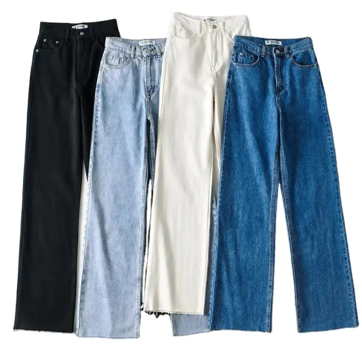 Women's cuffed jeans high waist loose straight leg wide leg jeans