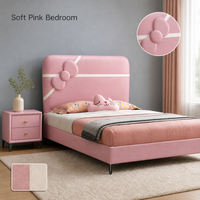 Lit d'enfant rembourré rose avec tête de lit en forme de nœud, lit pour filles, cadre en bois massif, simili cuir, meubles de chambre d'enfant doux