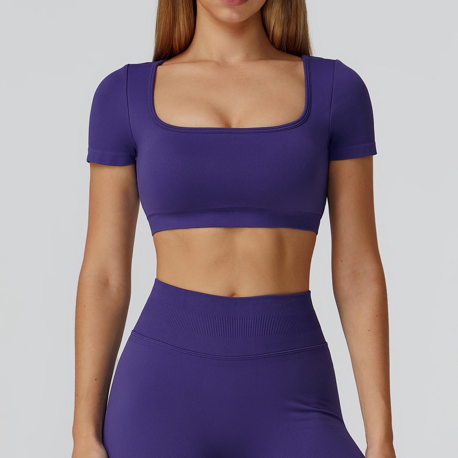 Women Seamless Breathable Lightweight Yoga Top Short Sleeve Slim Fit Open Back Cut-Out Four-Way Stretch Quick Dry Running Gym