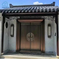 Gerbang Halaman Antik Cina dengan Dua Pintu, Ukiran Geometris, Pintu Masuk Berlapis Baja untuk Rumah Siheyuan yang Dibangun Sendiri