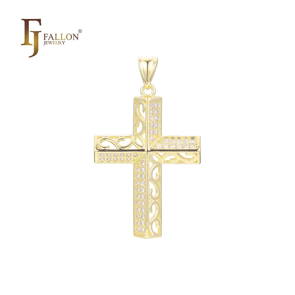 56201436 FJ Fallon bijoux de mode filigrane pavé blanc CZ croix pendentif plaqué en or 14K à base de laiton