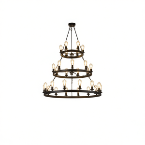 Lustre suspendu rétro industriel à 3 niveaux en fer noir, 45 pouces, 27 lumières, style farmhouse pour salles à manger et salons - Product Image 1