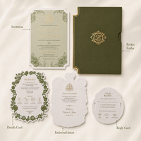 Suite d'invitations de mariage de luxe en papier vert olive avec détails en feuille d'or gaufrée et pochette personnalisée