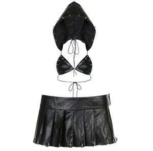 Street Print Nouveaux Ensembles Assortis Casual Crop Hoodie + Shorts Match 2024 Pu Veste En Cuir <span class=keywords><strong>Jupe</strong></span> <span class=keywords><strong>Noir</strong></span> Sexy Rivet À Capuche Soutien-Gorge Ensemble - Product Image 6