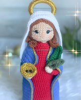 Poupée chrétienne amigurumi faite à la main avec un châle bleu et un halo, poupées religieuses créatives au crochet, décoration de Noël