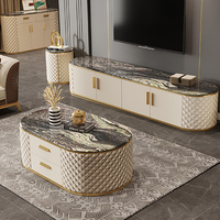 Ensemble table basse et meuble TV contemporain convertible pour salon avec rangement, cadre doré, design moderne personnalisé en marbre