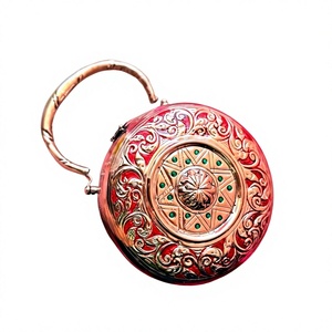 Handmade Handcrafted Round Meenakari Metal Potli Clutch Bag Designer Bridal <b>Purse</b> Red <b>Green</b> Floral Pattern Circular Shape Ring - Product Image 1