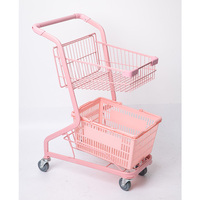 Chariot de courses en métal galvanisé à deux niveaux, écologique, portable, avec panier en maille argentée et roues en PU de 4 pouces, pour supermarché, vente en gros