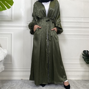 1950# New Arrival Printed Satin Open Abaya With Feather Cuff Long Sleeve Abaya Kimono With Belt 7 Colors - Product Image 5