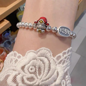Pulsera de Plata de Ley S925 con Diseño de Pequeño Dios de la Fortuna y Acabado Esmaltado, Abalorios de la Suerte para Mujer, Diseño de Dibujos Animados, Uso Diario - Product Image 1