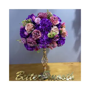 新设计紫色花球架婚礼桌花摆件