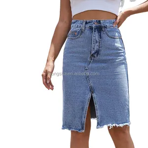 Saia jeans feminina cintura alta, corte reto coxa, saia jeans, verão, hss9075