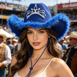 Chapeau de cowgirl occidental rose avec bordure en plumes moelleuses, couronne de princesse, chapeau de cowgirl pour femme - Product Image 4