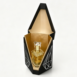 Emballage de parfum noir de forme spéciale avec doublure en papier doré et film holographique pour cadeaux de parfums de luxe, boîte à parfum - Product Image 1