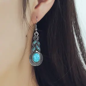 Anting-anting perhiasan etnis antik anting-anting menjuntai paduan pirus kristal logam geometris perhiasan telinga Bohemia untuk anak perempuan