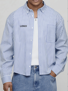 Magliette Casual da <span class=keywords><strong>Uomo</strong></span> Personalizzate in Maglia <span class=keywords><strong>a</strong></span> Maniche Lunghe Oversize con Tasche Applicate <span class=keywords><strong>e</strong></span> Bottoni, <span class=keywords><strong>a</strong></span> <span class=keywords><strong>Righe</strong></span> Verticali <span class=keywords><strong>Blu</strong></span> <span class=keywords><strong>e</strong></span> Bianche, Modello Corto, per l'Autunno - Product Image 1