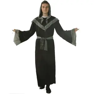 Robe de sorcier des ténèbres pour hommes Robe de moine médiéval Dark Mystic Godfather Sorcerer Hooded Costume Cape Cape Halloween Cosplay ZMHM-008