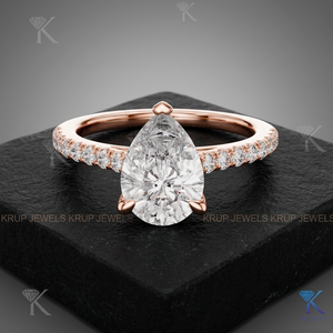 Lab Grown Diamond Pear Cut Engagement Ring Pave Band 3 Prong Setting Yellow Gold IGI Certified Unisex Bridal Jewelry Anniversary - Product Image 3