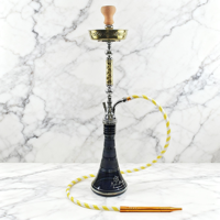 Chicha en métal doré et argenté sculpté - Base en verre multicolore et tuyau rayé pour salon haut de gamme