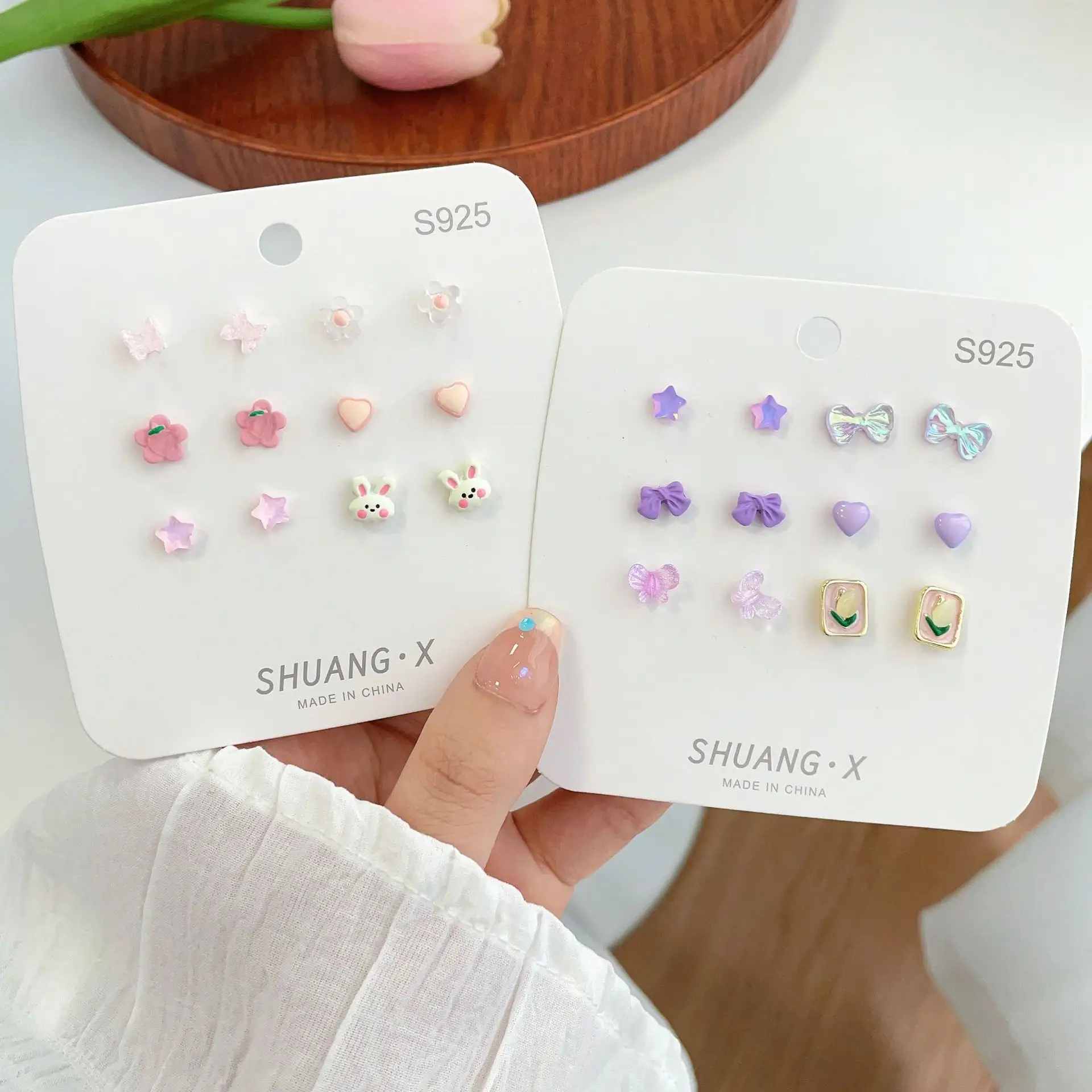 S925 Sterling Silver Needle Color Butterfly Earrings Set Simple Flowers Sweet Korean Earrings Jewelry
