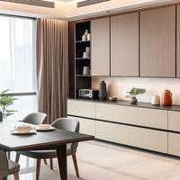 Cuisine sur mesure haut de gamme, entièrement équipée, style minimaliste, pour petit appartement.