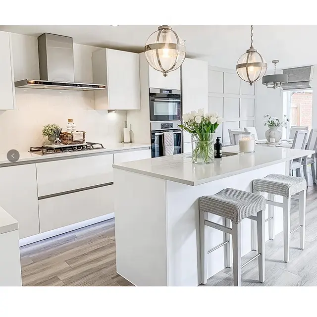 Free 3D customized high gloss white flat panel cheap modular design pvc modern kitchen cabinets