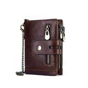 Men'S <b>Small</b> Short Genuine Leather Double Zipper Wallet Multi-Card Pocket Money Clip Coin <b>Purse</b> Card Holder Wallet With Chain - Product Image 1