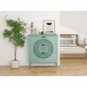 Commode en bois vert menthe à 3 tiroirs avec sculpture Mandala pour chambre à coucher entrée salon ou entrepôt - Product Image 1