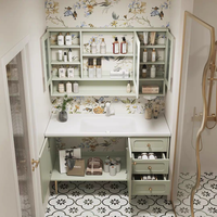 Meuble de salle de bain de luxe léger à la française, combinaison chêne et surface solide, vasque intégrée, lavabo sur pied