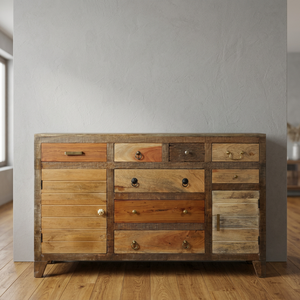 Industrial Vintage Solid Mango Wood Farmhouse <b>Storage</b> Cabinet 2 Doors 8 <b>Drawers</b> Eco-Friendly Durable Large Capacity Living Villa - Product Image 2