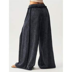 Pantalones Palazzo de Mujer Personalizados de Pierna Ancha con Lavado Ácido, Cintura Elástica con Cordón, Talle Alto, Bolsillos y Tejido de Felpa Casual - Product Image 5