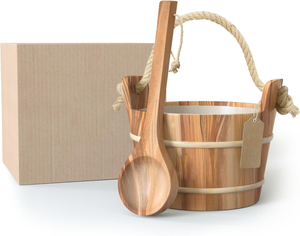 Ensemble seau et louche, fabriqué à la main en <span class=keywords><strong>bois</strong></span> de cèdre, poignée en corde naturelle - Capacité de 1 gallon (4 litres) d'eau - Product Image 1