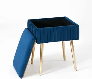 Tabouret rembourré en velours bleu, tabouret de canapé de rangement avec pieds en métal, adapté au salon et à la chambre à coucher