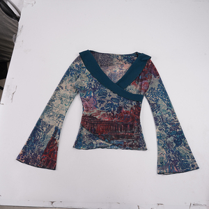 Womens <b>Y2K</b> Retro Printed Color Block Sheer Mesh Flare <b>Sleeve</b> <b>Long</b> <b>Sleeve</b> Crop Slim Fit T Shirt Streetwear Fashion <b>Top</b> - Product Image 6