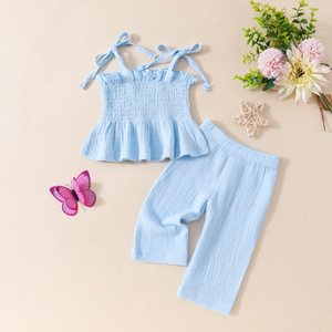 Nuevo Conjunto de Dos Piezas para Niñas, Estilo Casual de Verano, Top con Tirantes y Pantalones Rectos con Estampado, Tela de Lana Transpirable - Product Image 6