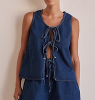Ensemble deux pièces décontracté d'été pour femmes : gilet et short en jean, style vintage sans manches avec lacets