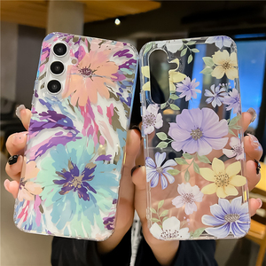 Funda de teléfono con flores de luz azul láser de lujo de diseño claro para Samsung S24 S23 S22 <span class=keywords><strong>A13</strong></span> A14 A24 A34 A53 A54 A15 A55 - Product Image 1