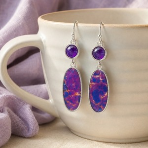 Orecchini retrò viola ovali con pietre intarsiate, gioielli semplici da donna per tutti i giorni, ideali come regalo - Product Image 3