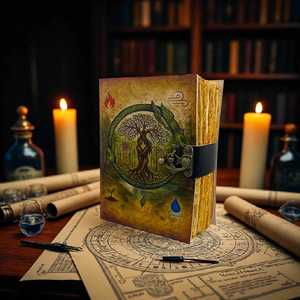 Diario de Cuero Hecho a Mano con Diseño de Árbol de la Vida y Ouroboros, Libro de Hechizos Vintage con Papel de Borde Rústico - Product Image 4