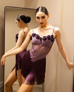Falda de baile latino morada de fábrica, sin espalda, con borlas, para Rumba, Samba, Chachachá, <span class=keywords><strong>Tango</strong></span>, para mujer, para competición y práctica de baile. - Product Image 4