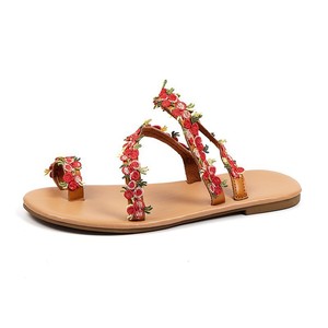 Sandales plates à fleurs appliquées pour femmes, avec anneau d'orteil et bride de cheville, idéales pour l'été, la plage et les vacances, chaussures décontractées pour femmes - Product Image 2