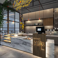 Comptoir de présentation Brutaliste personnalisé, moderne et luxueux, en marbre, verre et bois, pour boulangerie-café, design d'intérieur complet pour magasin