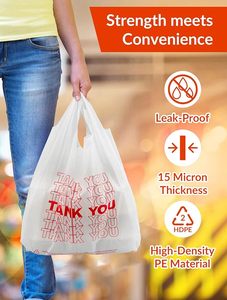 Bolsa de Plástico Desechable con Asa Tipo Camiseta, Impresa con 'Gracias', de HDPE, para Uso Comercial y de Compras - Product Image 2