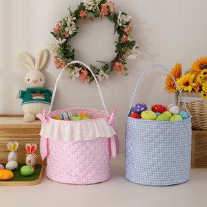 Wholesale Monogrammed Ruffle Quilted Kids Bunny Bucket Gingham <strong>Egg</strong> <strong>Hunt</strong> Bucket Cotton Pink Bow <strong>Easter</strong> <strong>Basket</strong> - Product Image 3