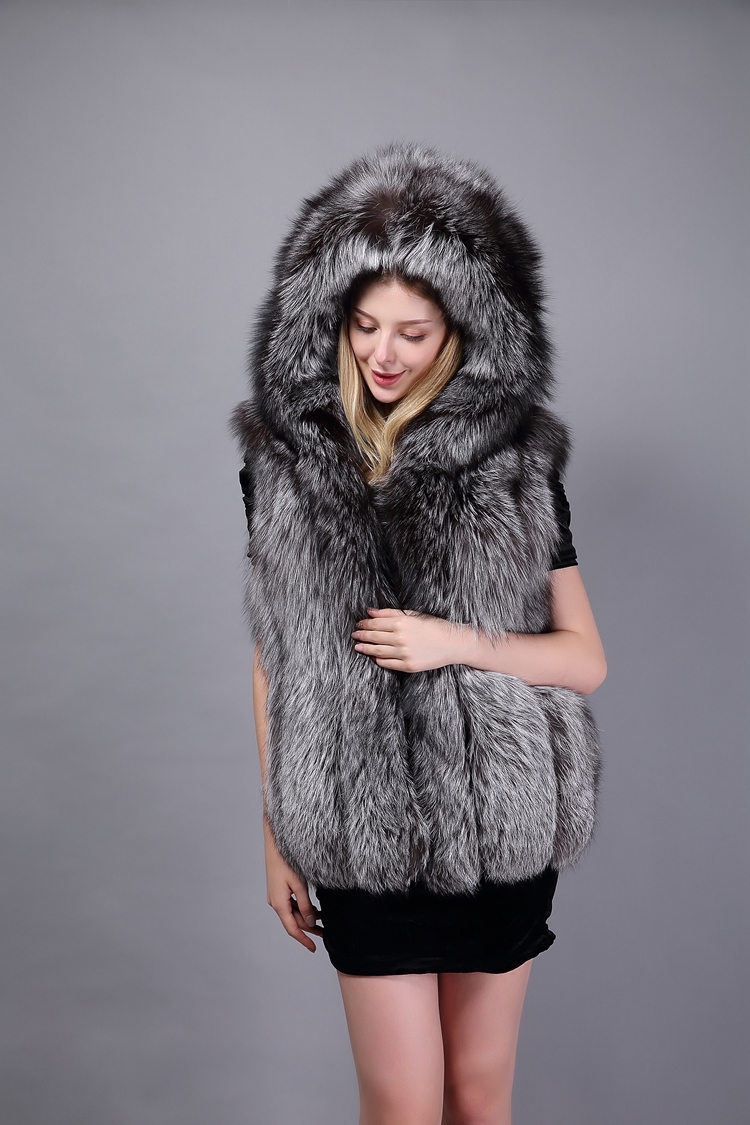 Classic Fox Fur Vest – Hooded, Thick Winter Jacket for Women, Plus
