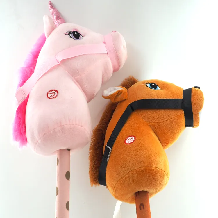 Kids ridding animal head music pink & brown plush stuffed rocking horse head toys