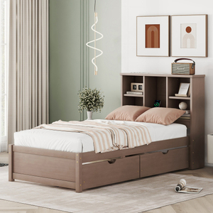 Modern Twin Size Bed Frame with 2 Storage Drawers & <b>Bookcase</b> Headboard Sturdy <b>Solid</b> Walnut <b>Wood</b> for Spring Bedrooms & Apartments - Product Image 3